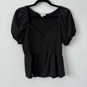 LOVE RICHE Black Puff Sleeve Smocked Blouse